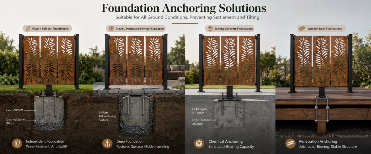 Corten Steel Screen Foundation Anchoring Solution